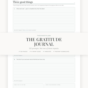 Peut inclure: Une page de journal de gratitude imprimable blanche avec le titre Practice 1: Three good things. La mise en page comprend des sections numérotées avec des lignes pour écrire, des questions sur les événements et des cases pour les émotions.