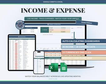 Income and Expense Tracker Spreadsheet, Google Sheets Excel Budget Tracker, Monthly Budget Planner, Multi Currency, Ocean Aesthetic