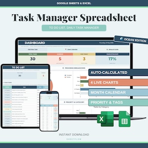 May include: A digital task manager spreadsheet displayed on a tablet, phone, and laptop. The dashboard shows task progress, with charts and a calendar. The text includes "To Do List" and "Instant Download."