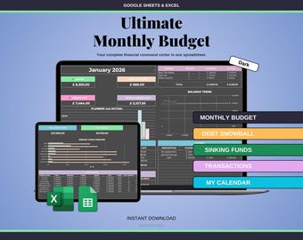 Dark Mode Ultimate Budget Spreadsheet Google Sheets Excel | 2026 Family Couples ADHD Budget Planner | Bill Debt Sinking Tracker