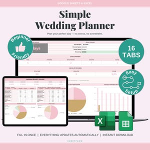 Puede incluir: Un planificador de bodas digital que se muestra en una tableta y un portátil, con una combinación de colores rosa y blanco. El planificador incluye gráficos, gráficas y el texto "Simple Wedding Planner". El texto adicional incluye "Beginner Friendly", "16 Tabs" y "Easy Setup".