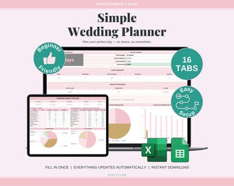 Wedding Planner Spreadsheet Google Sheets Excel | Simple Elegant Budget Guest List Seating Chart | Minimalist Bridal Template 2026