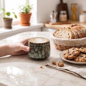 K&ouml;nnte beinhalten: Eine Hand h&auml;lt eine Keramiktasse mit Latte, mit detailliertem Schaumdesign. Die Tasse hat eine strukturierte, gesprenkelte gr&uuml;ne und braune Glasur. Ein Teller mit Schokoladenkeksen und ein Brotkorb sind ebenfalls zu sehen.