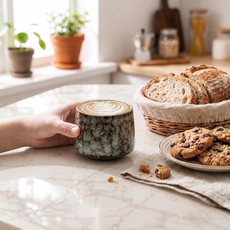 K&ouml;nnte beinhalten: Eine Hand h&auml;lt eine Keramiktasse mit Latte, mit detailliertem Schaumdesign. Die Tasse hat eine strukturierte, gesprenkelte gr&uuml;ne und braune Glasur. Ein Teller mit Schokoladenkeksen und ein Brotkorb sind ebenfalls zu sehen.