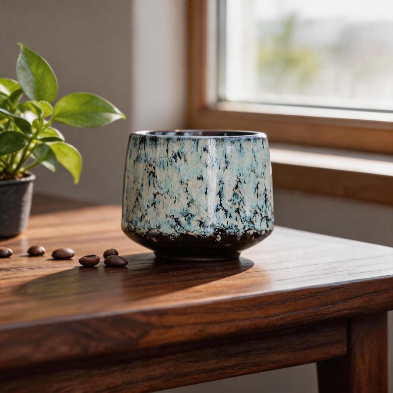 K&ouml;nnte beinhalten: Eine Keramik-Kaffeetasse mit einem strukturierten, gesprenkelten Design in Blau- und Wei&szlig;t&ouml;nen, auf einem dunkelbraunen Sockel. Die Tasse steht auf einer Holzoberfl&auml;che, daneben Kaffeebohnen und eine kleine Topfpflanze.