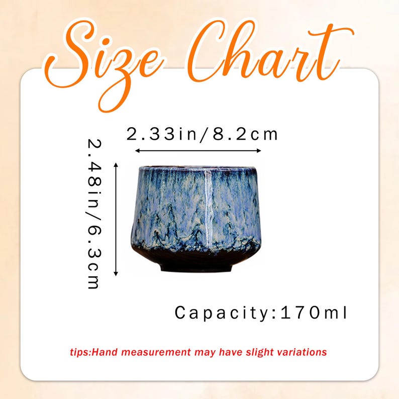 K&ouml;nnte beinhalten: Eine Keramiktasse mit blau-wei&szlig;er Glasur, 6,3 cm hoch und 8,2 cm breit. Die Tasse hat ein Fassungsverm&ouml;gen von 170 ml. Das Bild enth&auml;lt den Text "Size Chart".