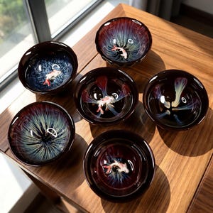 May include: Six ceramic bowls with a dark brown exterior and a colorful interior design. Each bowl features a unique fish illustration in the center. The bowls are arranged on a wooden surface, showcasing their intricate details and artistic appeal.