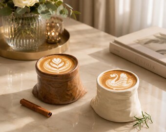 Op de afbeelding: Twee keramische mokken met een onregelmatige, verkreukelde papieren zaktextuur. De linker mok is bruin en bevat een latte met een blaadjespatroon in het schuim. De rechter mok is wit en bevat een latte met een zwaanpatroon. Een kaneelstokje ligt ernaast.