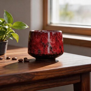 K&ouml;nnte beinhalten: Eine rote Keramiktasse mit strukturierter Oberfl&auml;che und dunklem Boden. Die Tasse steht auf einem Holztisch. Eine kleine Topfpflanze und Kaffeebohnen befinden sich ebenfalls auf dem Tisch.