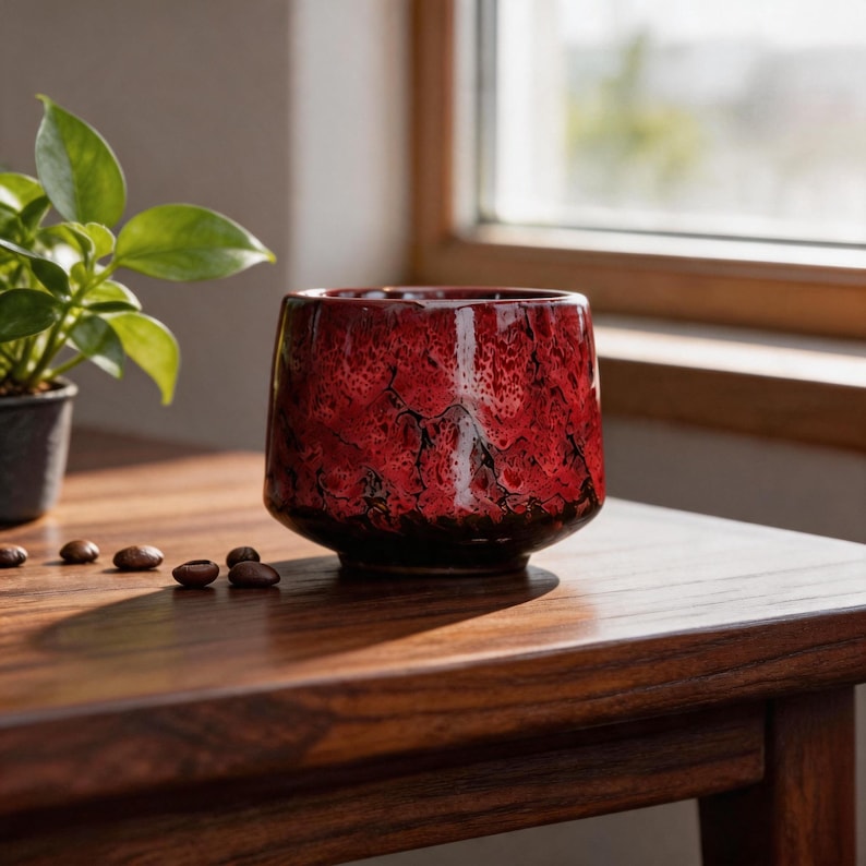 K&ouml;nnte beinhalten: Eine rote Keramiktasse mit strukturierter Oberfl&auml;che und dunklem Boden. Die Tasse steht auf einem Holztisch. Eine kleine Topfpflanze und Kaffeebohnen befinden sich ebenfalls auf dem Tisch.