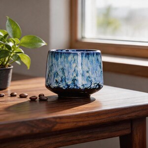K&ouml;nnte beinhalten: Eine Keramiktasse mit einer einzigartigen blau-wei&szlig;en Glasur. Die Tasse hat einen dunkelbraunen Boden und eine abgerundete Form. Die Tasse steht auf einer Holzoberfl&auml;che, im Hintergrund befinden sich eine kleine Topfpflanze und Kaffeebohnen.