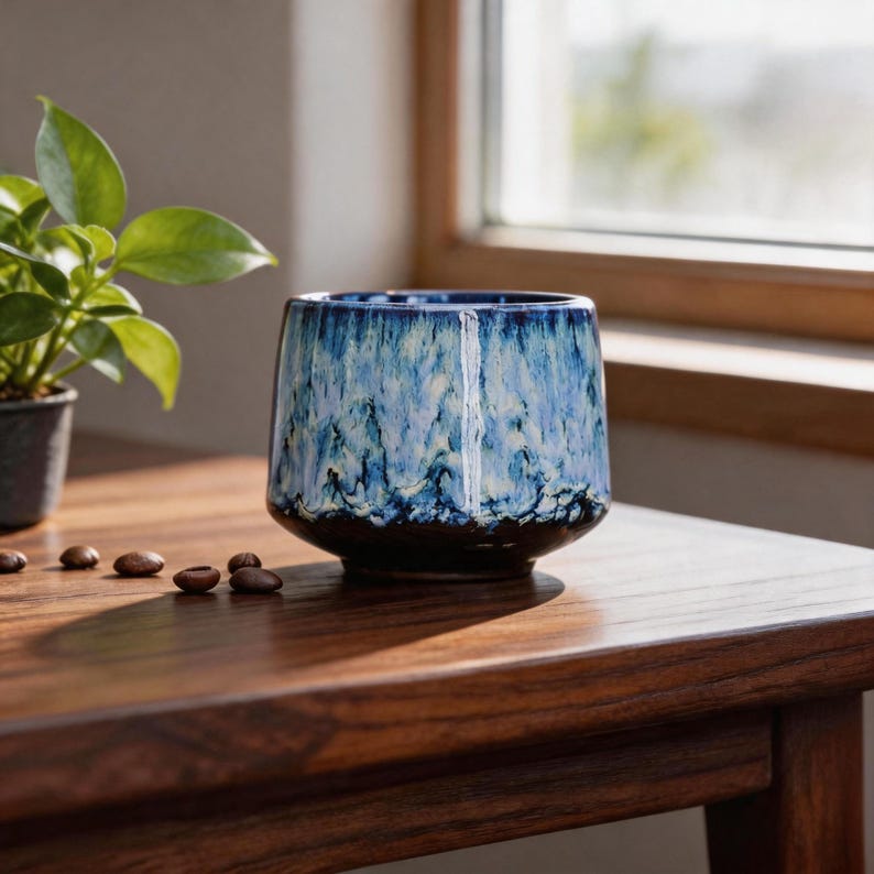 K&ouml;nnte beinhalten: Eine Keramiktasse mit einer einzigartigen blau-wei&szlig;en Glasur. Die Tasse hat einen dunkelbraunen Boden und eine abgerundete Form. Die Tasse steht auf einer Holzoberfl&auml;che, im Hintergrund befinden sich eine kleine Topfpflanze und Kaffeebohnen.