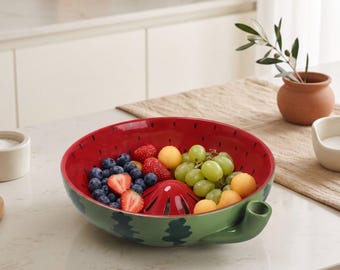 Op de afbeelding: Een keramische fruitschaal in de vorm van een gehalveerde watermeloen met een rode binnenkant, groene buitenkant met donkergroene strepen en een centrale sapcentrifugekegel. De schaal is gevuld met verse bosbessen, aardbeien en meloenbolletjes.