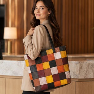 Handmade Patchwork Leather Tote Bag – Multicolor Checkerboard Shoulder Handbag