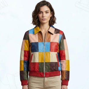 Multicolor Patchwork Leather Jacket - Women’s Slim Fit Real Leather Bomber - Colourful Block Pattern Streetwear