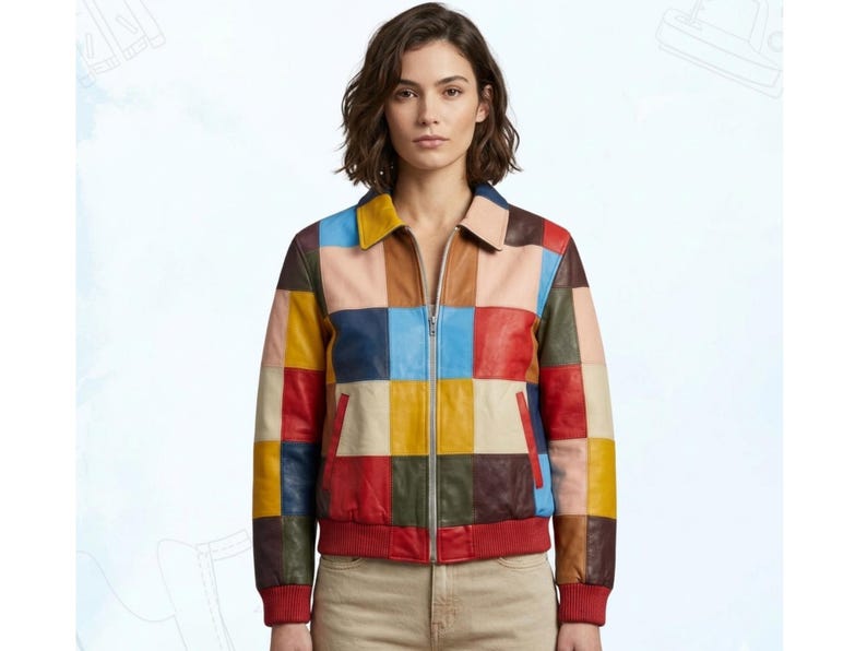 May include: A colorful patchwork leather jacket with a zip-up front and a red ribbed hem and cuffs. The jacket features a variety of colors, including red, yellow, blue, and brown. The jacket has a collared neckline and two front pockets.