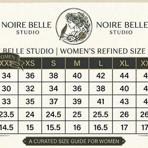 May include: A size guide for women's clothing from Noire Belle Studio. The guide includes measurements for chest, waist, hips, sleeves, and shoulders, ranging from XXS to XXXL, in inches. The guide is labeled "Specially for Women" and "US Made."