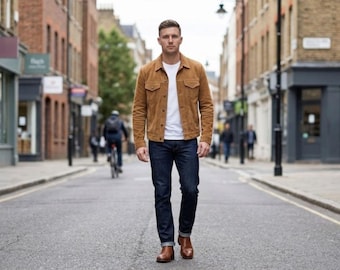 Chaqueta vaquera de ante marrón / Abrigo vaquero de cuero para hombre