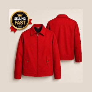 May include: A bright red jacket featuring a classic collar, a full-length front zipper, and two side pockets with snap button closures. The jacket is displayed from both the front and back views, with a gold badge stating SELLING FAST.