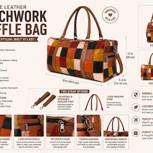 May include: A genuine leather patchwork duffle bag featuring a multicolor design of brown, black, maroon, yellow, beige, and orange squares. It includes two top handles, an adjustable detachable shoulder strap, and side zipper pockets. Dimensions are 12 inches by 11 inches by 3-4 inches.