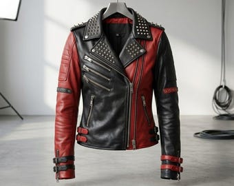 Handmade Heartless Jester Studded Jacket | Quinn Dual-Color Leather Biker Joker Cosplay Costume