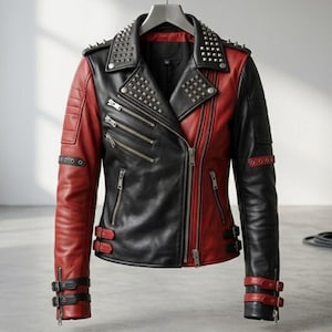 Veste Biker en Cuir Rouge et Noir Cloutée – Blouson Femme Fait Main Bicolore avec Dos Corset Gothique, Moto & Cosplay