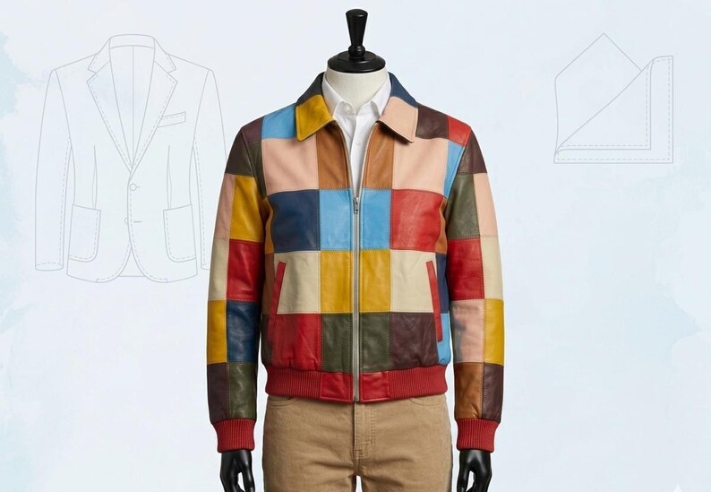 May include: A colorful patchwork leather jacket with a zip-up front, red cuffs, and a red waistband. The jacket features a variety of square-shaped color blocks in shades of red, blue, yellow, and pink. The jacket is displayed on a mannequin.