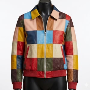 Peut inclure: Veste en cuir patchwork multicolore avec col et fermeture éclair. La veste présente des carrés de différentes couleurs, dont le rouge, le jaune, le bleu et le marron. Elle possède deux poches avant et un ourlet et des poignets côtelés rouges.