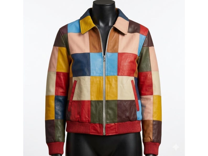 May include: A multi-colored patchwork leather jacket with a collared neckline and a zipper closure. The jacket features a variety of colors, including red, yellow, blue, and brown. It has two front pockets and a red ribbed hem and cuffs.