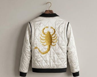 Veste matelassée blanche à scorpion doré | Veste bomber zippée matelassée style vintage