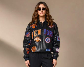 Handmade New Hailey Leather York Jacket – Black Knicks Bieber Varsity Metropolitan Basketball Printed Cosplay
