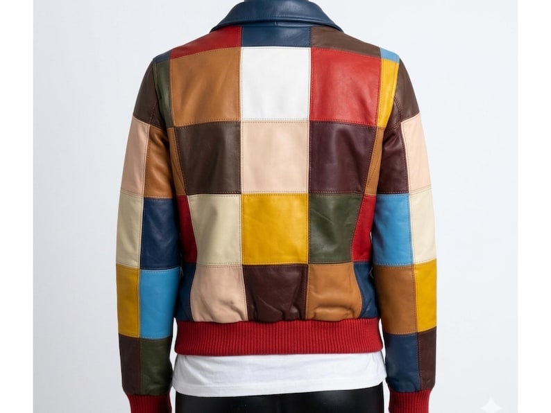 May include: A colorful patchwork leather jacket with a blue collar and red ribbed cuffs. The jacket features a variety of square patches in shades of brown, red, yellow, blue, and white. The back of the jacket is visible.