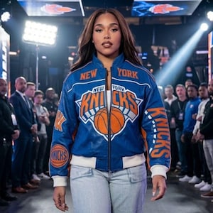 Könnte beinhalten: Eine blaue Leder-Bomberjacke mit dem New York Knicks-Logo, einer orangefarbenen Basketball-Grafik und dem weißen Schriftzug New York. Die Jacke hat einen durchgehenden Frontreißverschluss, weiße gerippte Bündchen und einen gerippten Saum, kombiniert mit einer hellblauen Jeans.