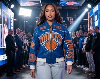 New York Jordyn Basketball Varsity Jacket – Handmade Blue and Orange Woods Leather Bomber Cosplay Costume