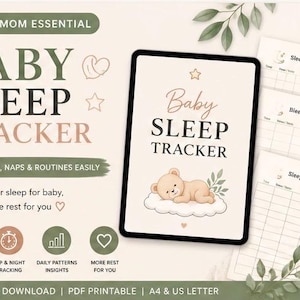 Op de afbeelding: Een digitale babyslaaptracker met een teddybeer-illustratie op een tablet. Het ontwerp bevat de tekst "Baby Sleep Tracker" en "Track Sleep, Naps & Routines Easily". Er zijn meerdere pagina's zichtbaar, met de tekst "Sleep Tracker".