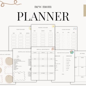 Peut inclure: Un ensemble de 8 pages de planning imprimables pour nouvelle maman, comprenant des suivis de sommeil, d'alimentation et de couches, une liste pour le sac d'hôpital, des rendez-vous médicaux, un planning de routine bébé et un agenda hebdomadaire.