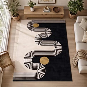 Mid-Century Modern Geometric Area Rug, Abstract Lines & Gold Circles, Minimalist Boho Decor