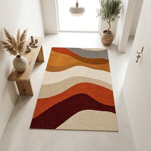 Modern Abstract Wavy Rug, Earth Tone Living Room Carpet, Beige Brown Terracotta Home Decor