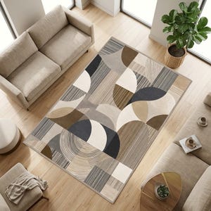Modern Geometric Abstract Area Rug, Neutral Beige Mid-Century Kilim (Digital Print)