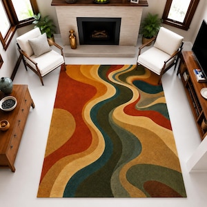 Retro Wavy Area Rug, Mid-Century Modern Boho Carpet, Terracotta Olive Green (Digital Print)