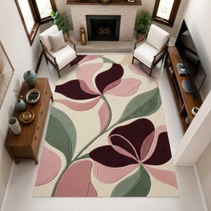 Modern Floral Kilim Rug, Abstract Pink Sage, Digital Print, Living Room Decor
