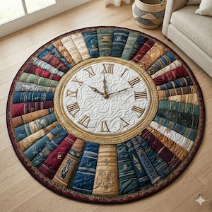 May include: Round rug featuring a clock design with Roman numerals and a gold-colored frame. The rug's border is adorned with a pattern of colorful, stacked books. The rug is placed on a wooden floor.