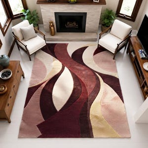 Boho Abstract Area Rug, Blush Pink Burgundy Floor Art (Digital Print)