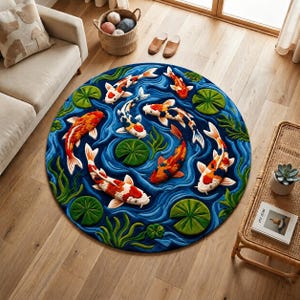 May include: A circular rug featuring a deep blue water pattern with multiple koi fish in shades of orange, white, and black. The design includes raised green lily pads and aquatic plants, creating a textured surface that mimics a pond scene.