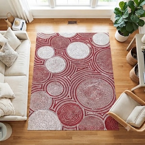 Modern Pink Red Geometric Rug, Digital Printed Kilim, Abstract Circle Area Rug