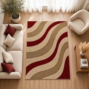 Modern Abstract Wavy Striped Area Rug, Red Beige Digital Print Carpet (Machine Washable)