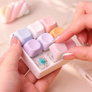 以下が含まれることがあります： ピンク、紫、白、オレンジのパステルカラーのキーキャップ9個を収めた正方形の白いメカニカルキーボードスイッチテスターベース。キーキャップの上面は滑らかで丸みを帯びており、2つのティールカラーのメカニカルスイッチが見えます。