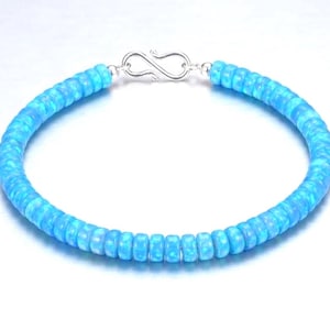 925 Sterling Silver Blue Opal Bead Bracelet, Natural Blue Opal Gemstone Bracelet, Handmade October Birthstone Jewelry, Stackable Bracelet