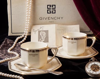 Rare Givenchy Porcelain Cup & Saucer Set with Hand-Woven Wild Grapevine Bag, Wabi-Sabi Zen Art, Artisan Tea Set Bundle