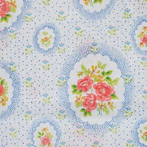 Full Flat Sheet Tiny Print Floral Blue and White with Pink Flowers / Vintage Bedding Garden Theme Shabby Chic Decor